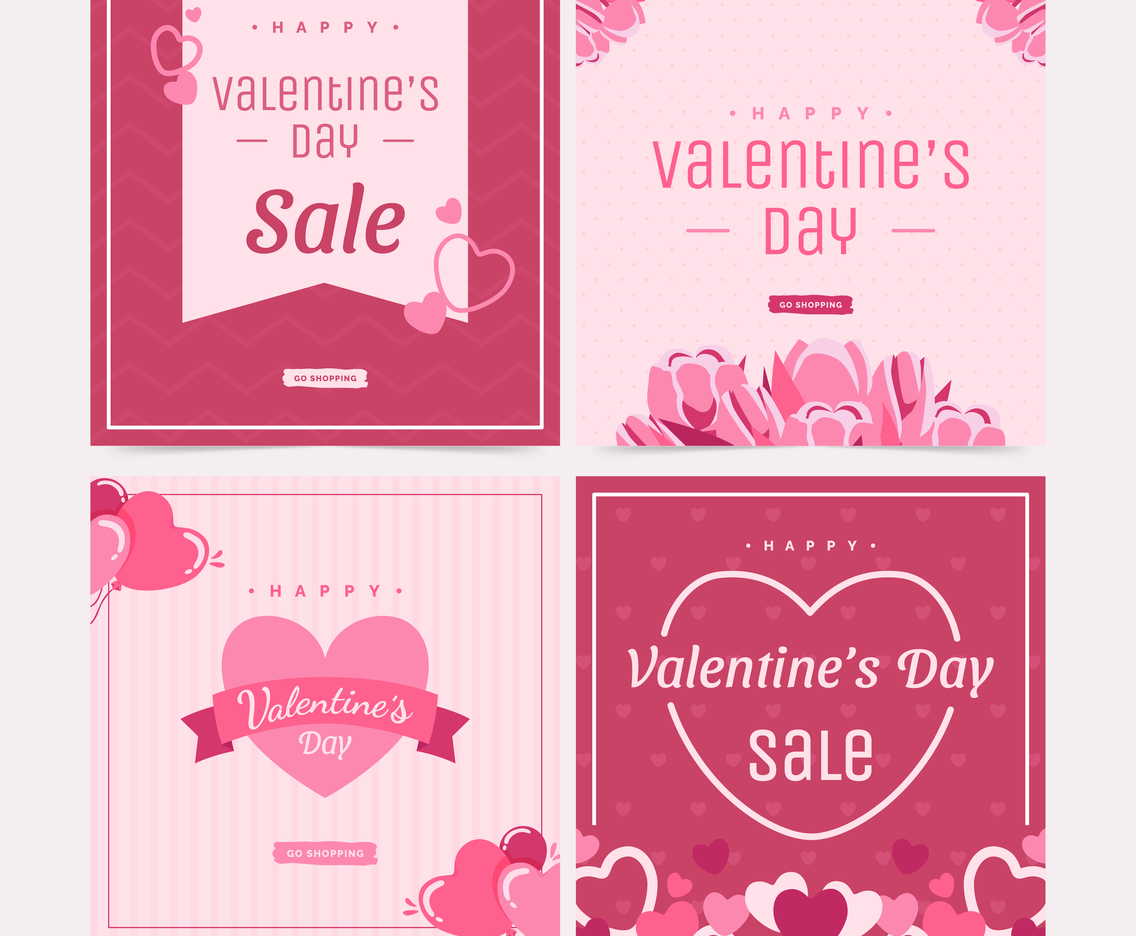 Flat pink Valentine's day Poster set collection.