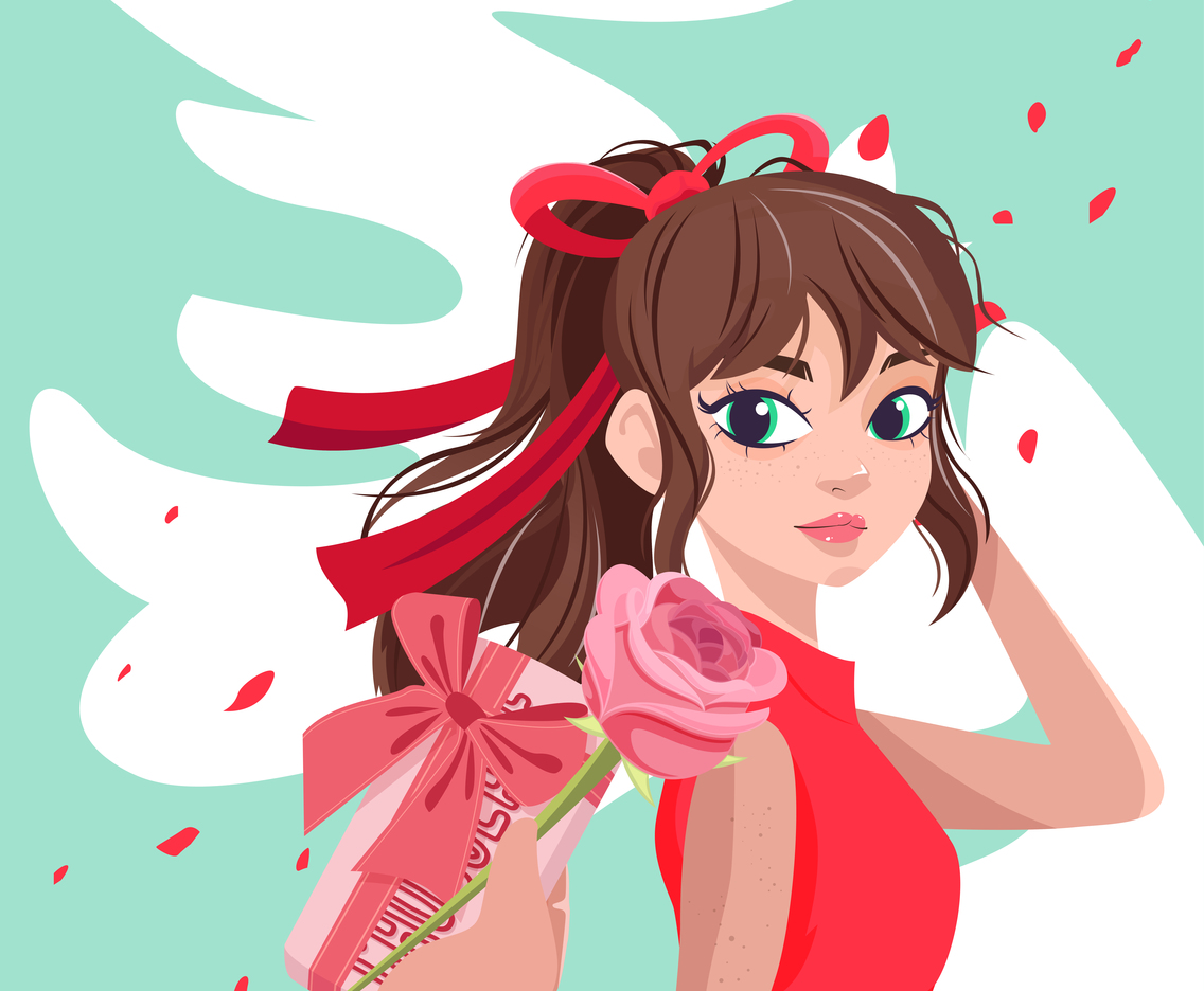 Beautiful woman get a Chocolate and flower gift from her boyfriend.