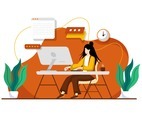 Woman Working at Home Office. Character Sitting at Desk in Room, Looking at Computer Screen. Home Office Concept. Flat Cartoon Vector Illustration.