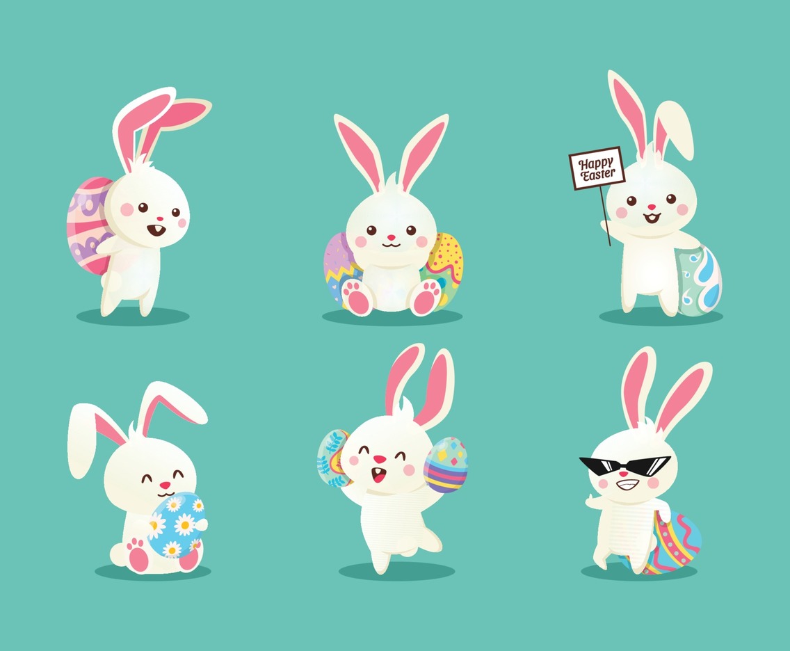A set of cute white rabbit for symbol Easter day, with different pose, and Turquoise background color.