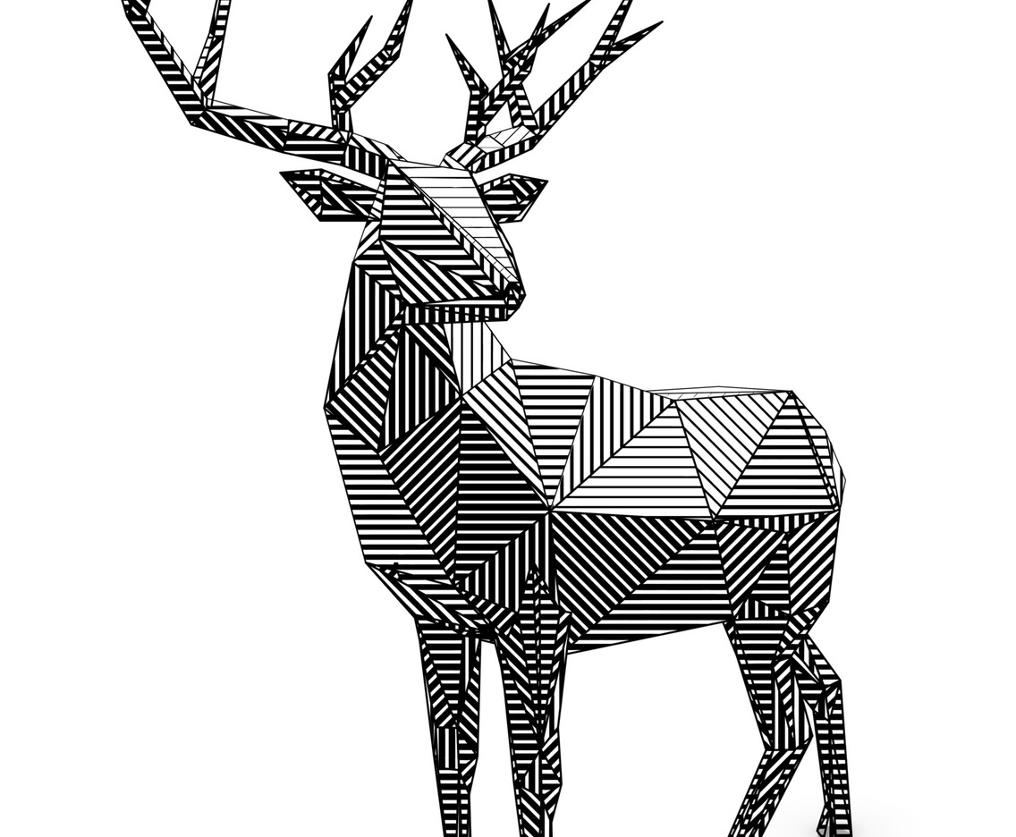 Low poly line-art stag illustration. Animal illustration with shading made by parallel lines. 3d deer model made by triangle shapes and lines.