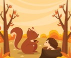 Squirrels and Hedgehogs are Having Fun Chatting In Autumn