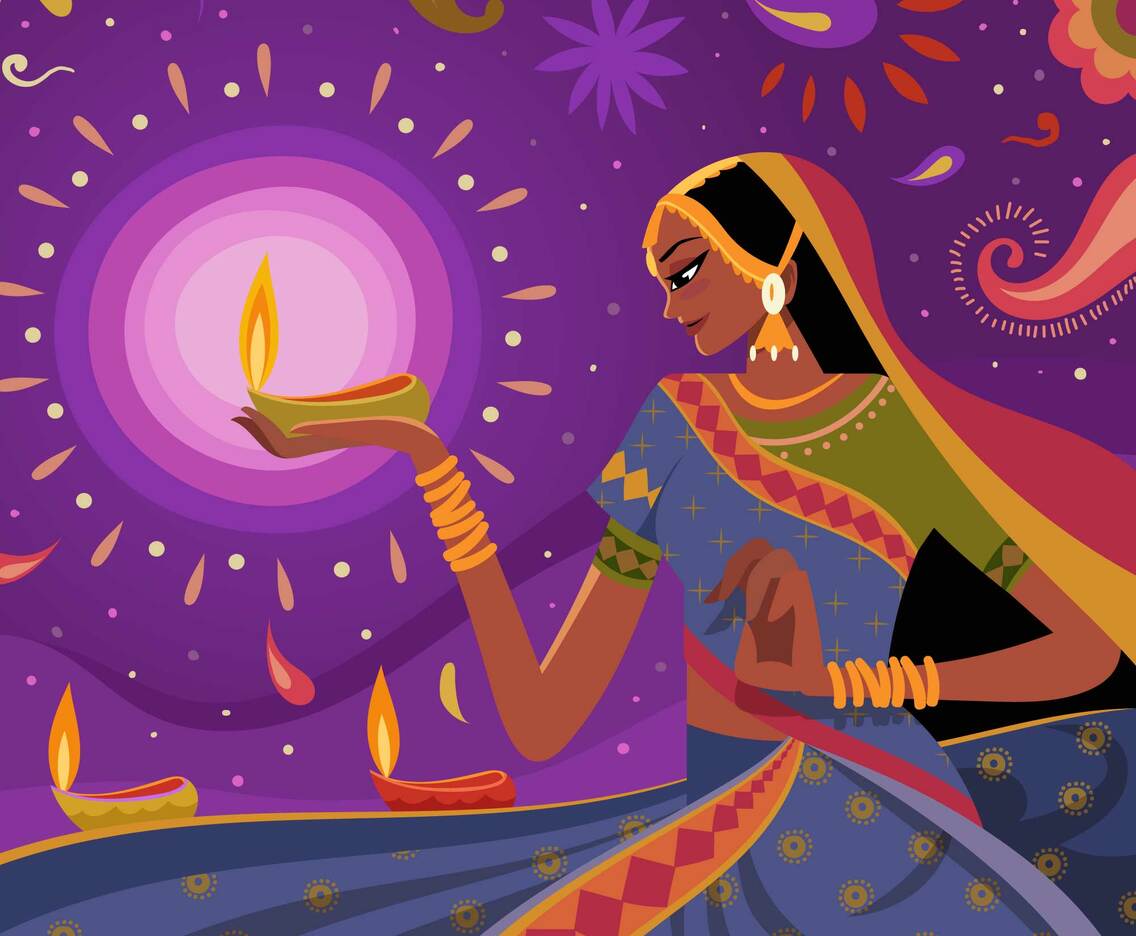 Women Celebrating Diwali With Abstract Background