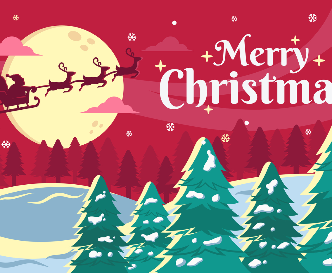 Flying Santa on Christmas Night Landscape Background