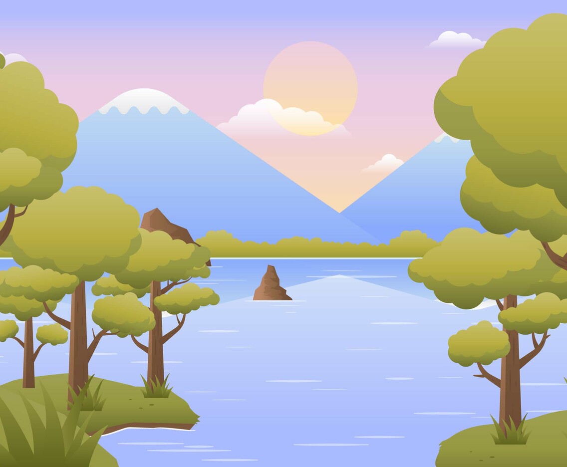 Scenery of River Bank with Trees and Mountain