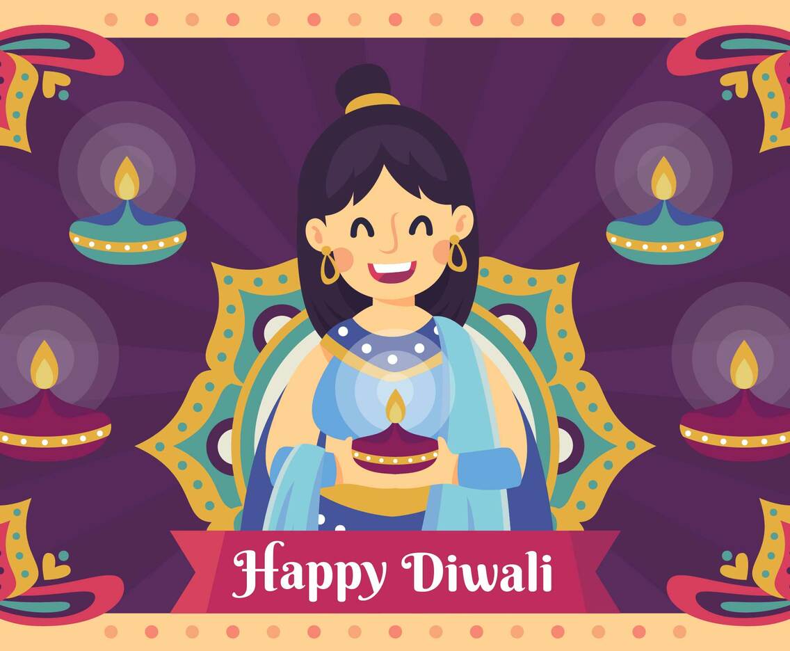 A Woman Celebrate Dewali Festival with Diya