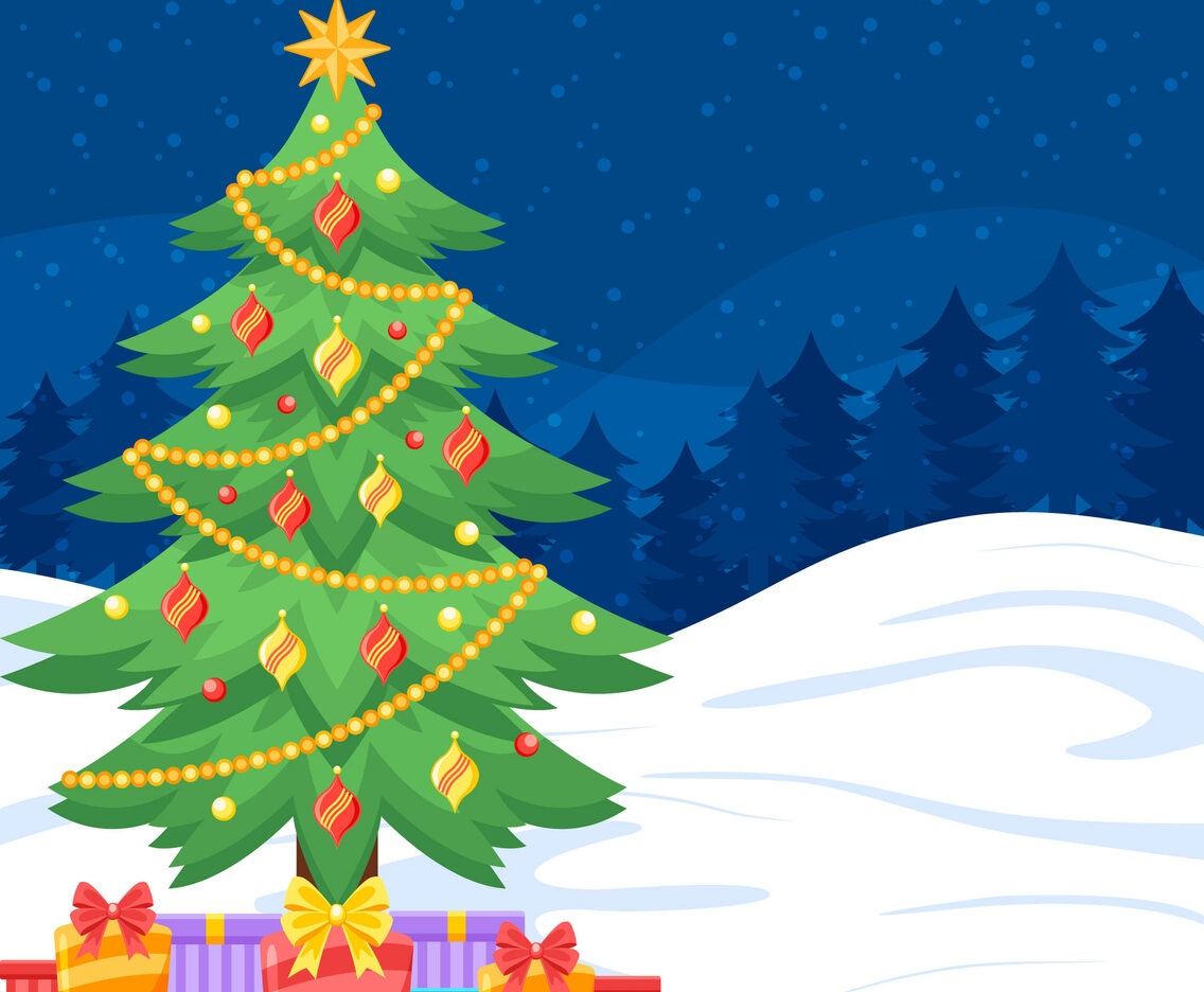 Snowy Night with Christmas Tree and Gifts