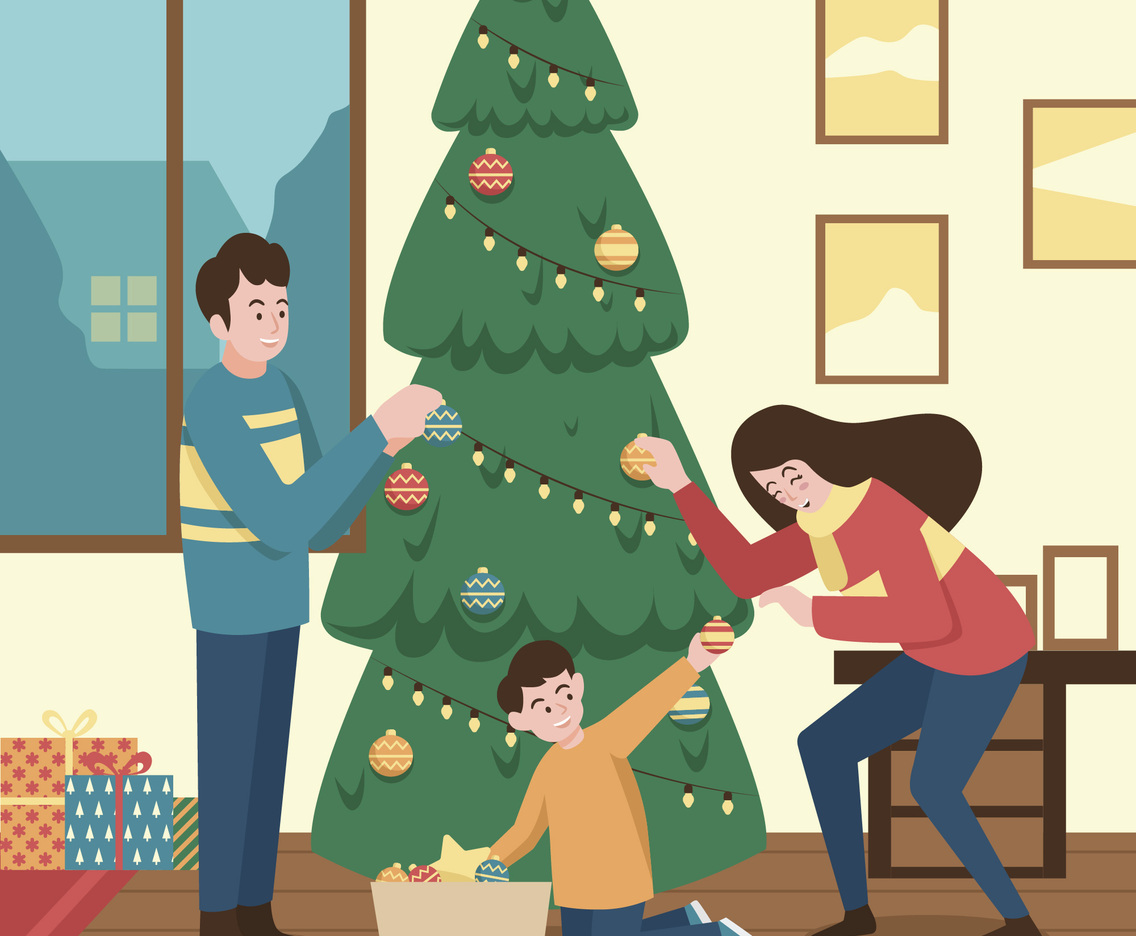 Family Decorating Christmas Tree