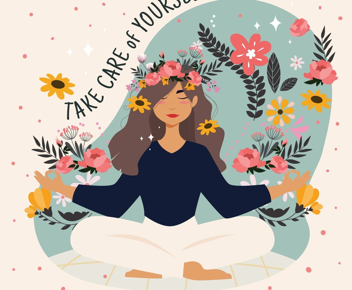 Meditating Woman Surrounded by Flowers