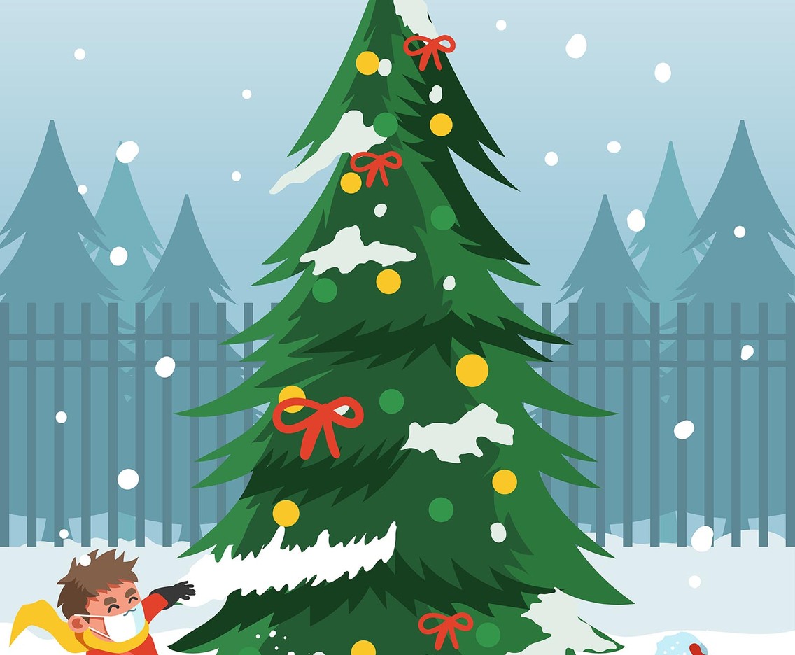 Fun Snow Fight Beside Huge Christmas Tree