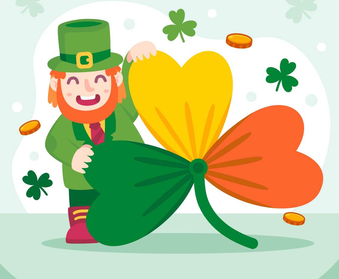 Big colourfull clover and Leprechaun cartoon