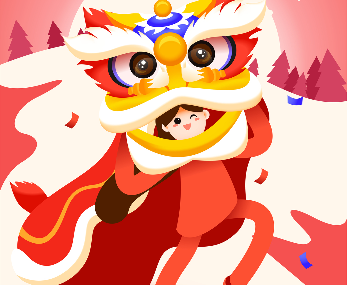 A Girl Playing The Lion Dance On Chinese New Year