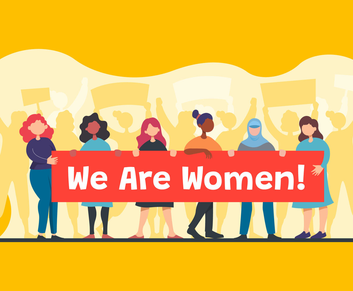 Women Standing Together with Banner