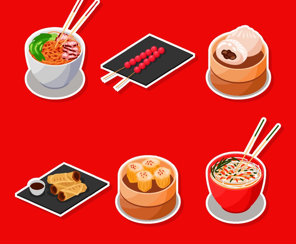 Set of Sticker Containing Six Chinese Foods for New Year