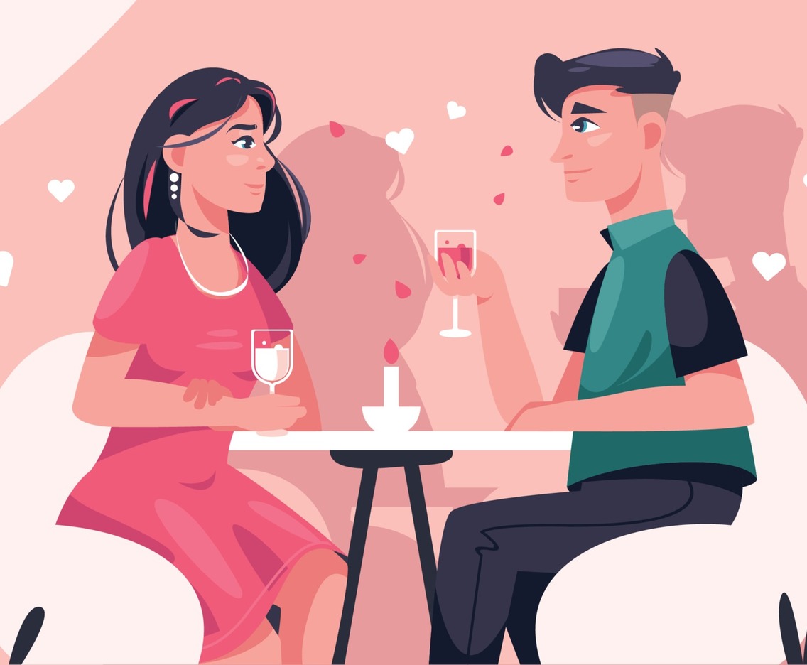 A Happy Couple Having Romantic Dinner On Valentine's Day At The Restaurant