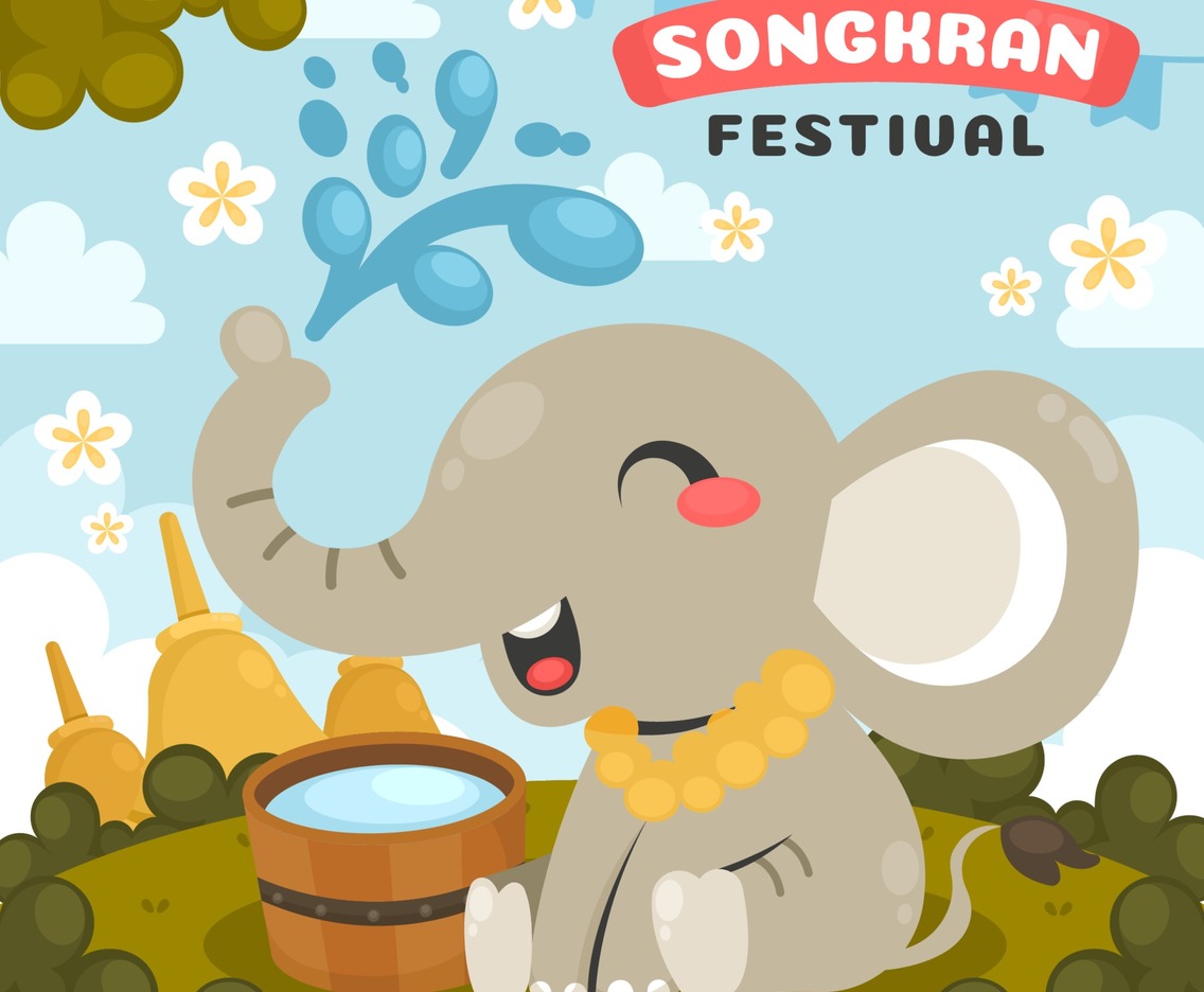 Songkran Festival Celebration concept with Happy Elephant