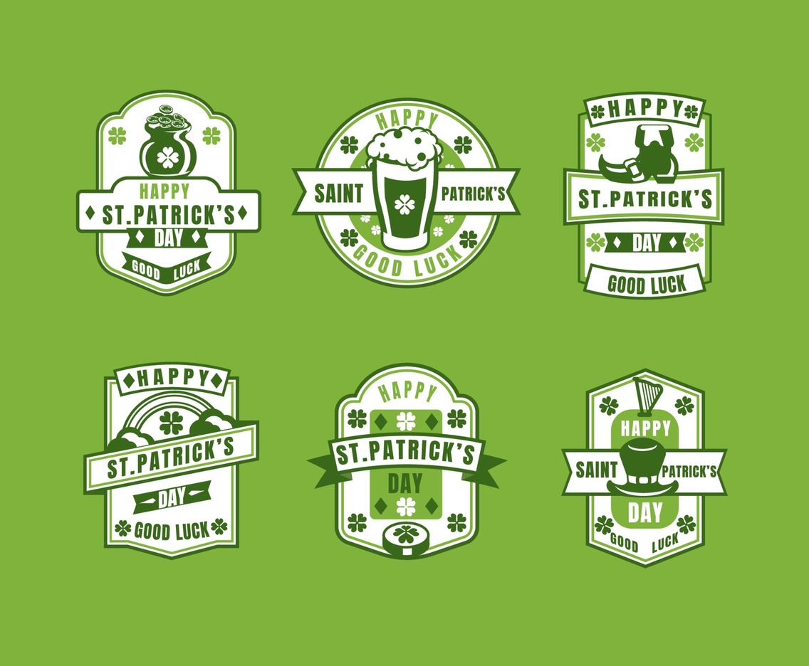 Vintage Saint Patrick Label set with Shamrock and other icons of the event