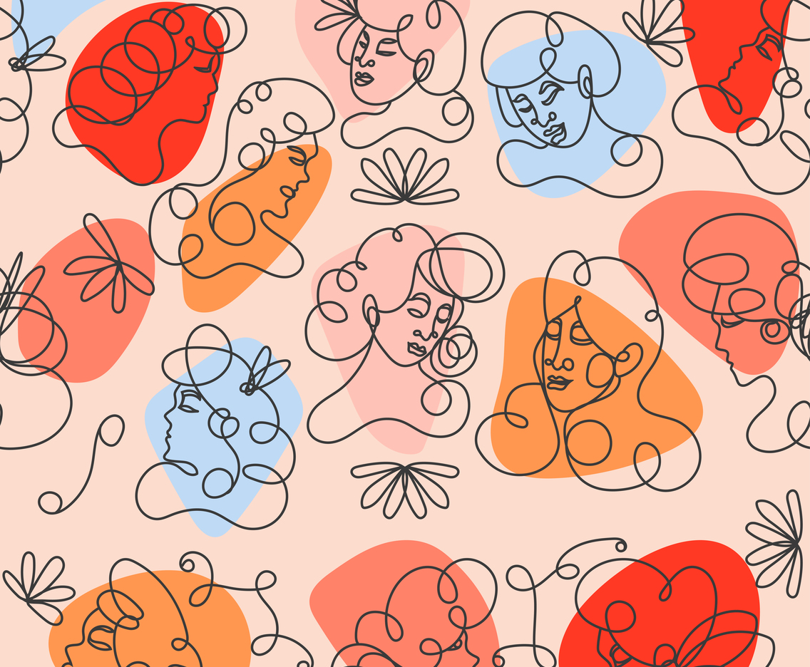 One Line Art Women Faces Seamless Background