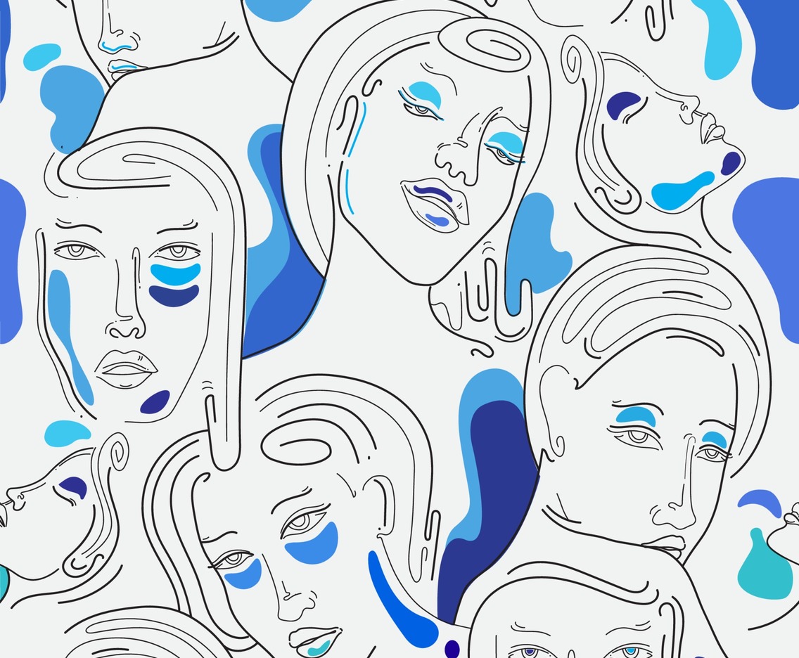 One Line Art Seamless Pattern Woman in Blue