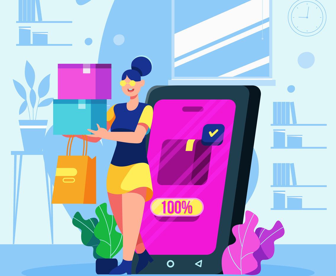 Woman Holding Shopping Bags doing Online Shopping