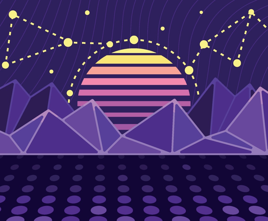 Retro Sunset Landscape Over The Futuristic Mountain Background
