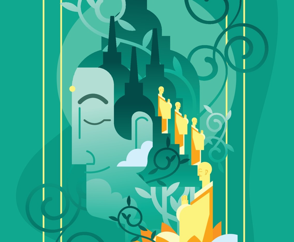 Budha Concept with Monks in Jade Green and Yellow