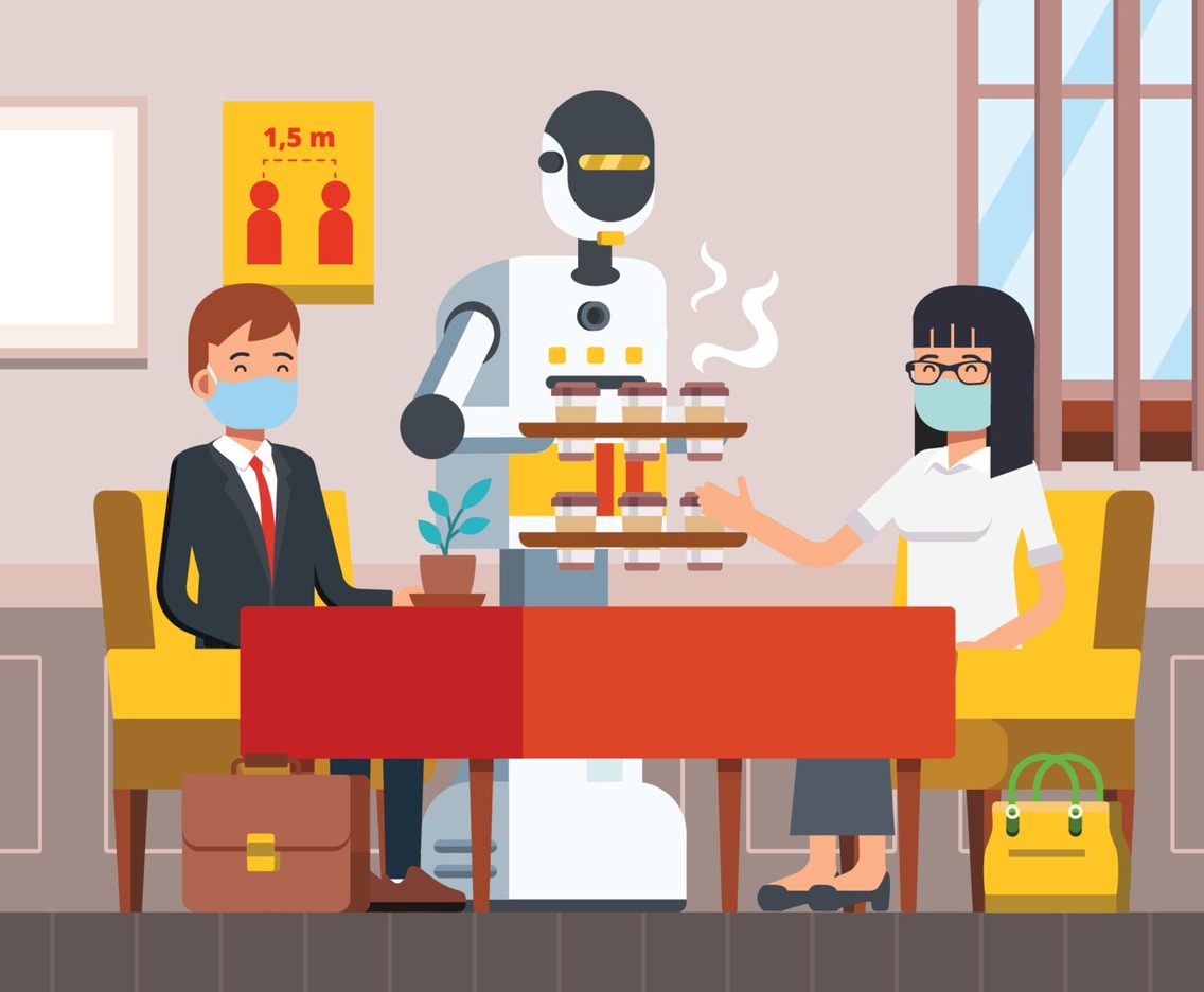People Take Coffee from Robot Waiter in Coffeeshop