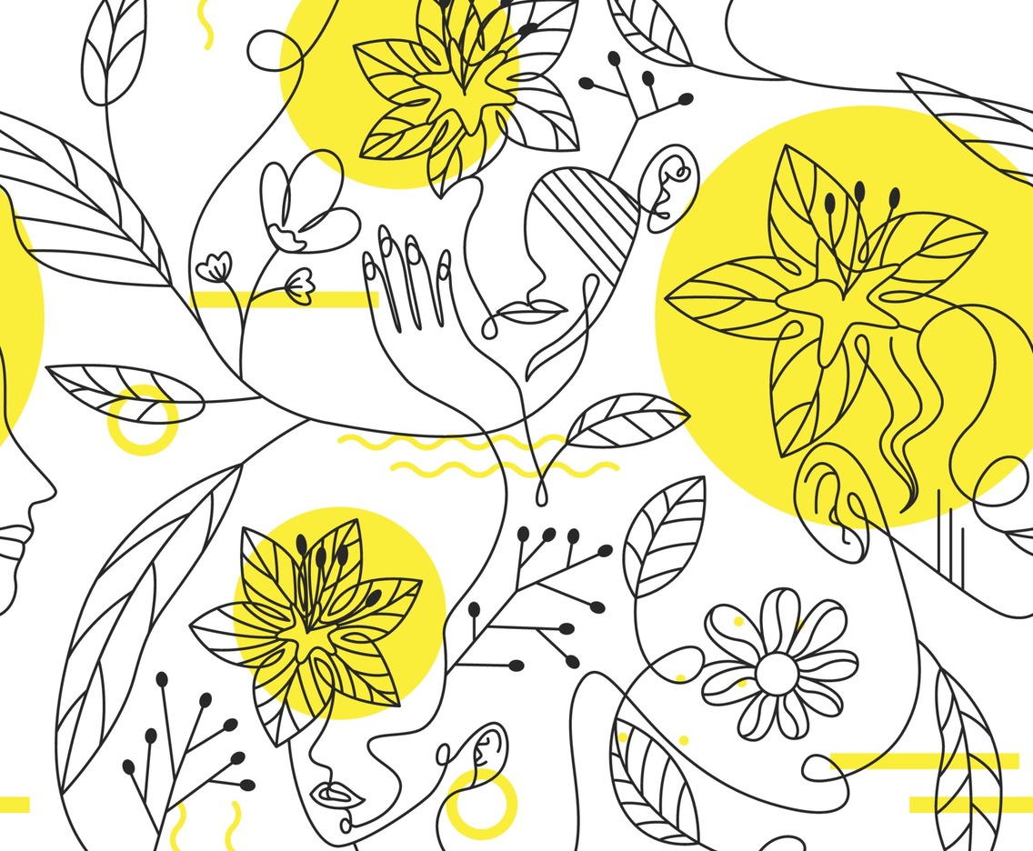 One Line Art Woman Face with decorated Floral