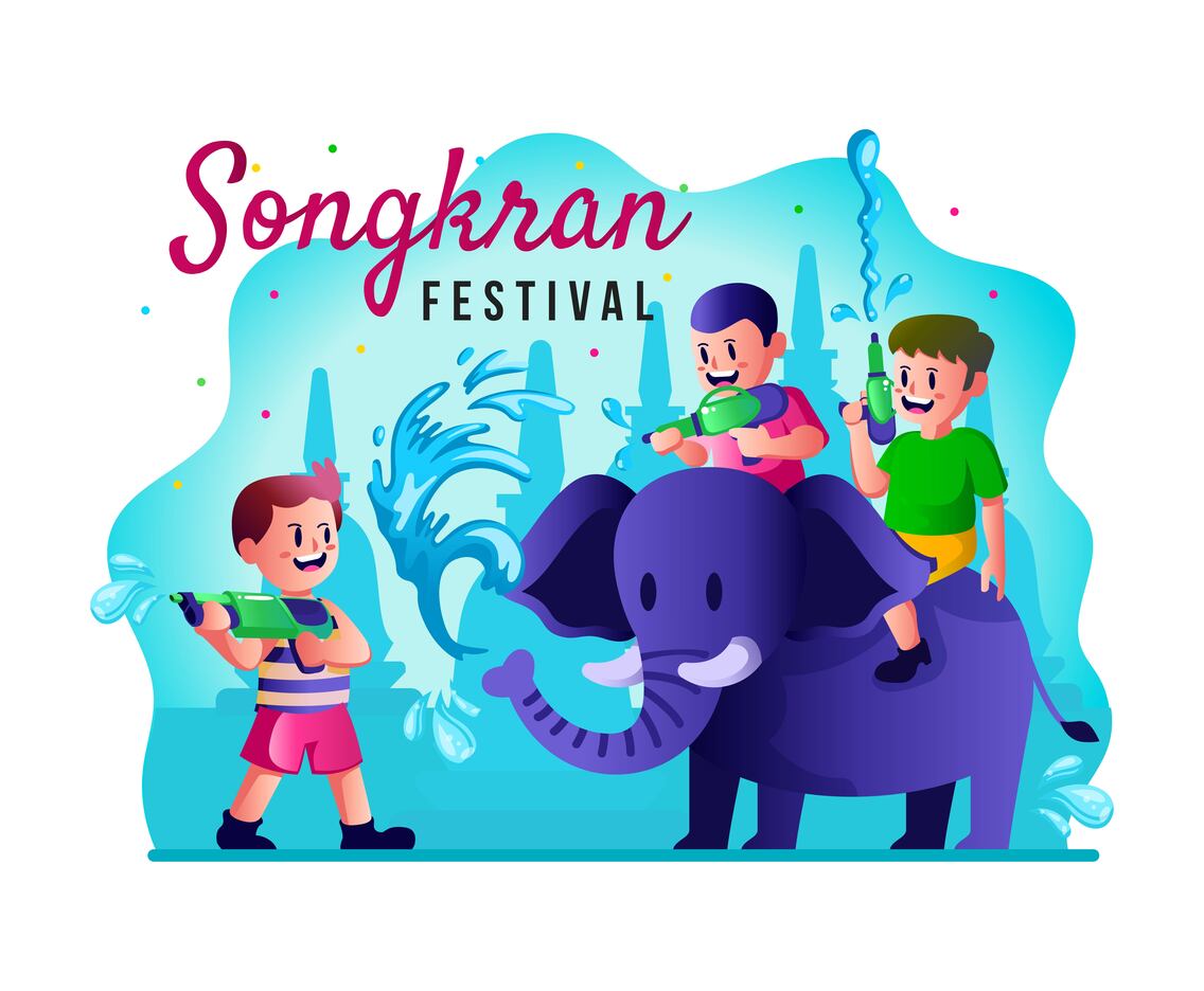 Children Playing Water Gun With Elephant in Songkran Festival Concept