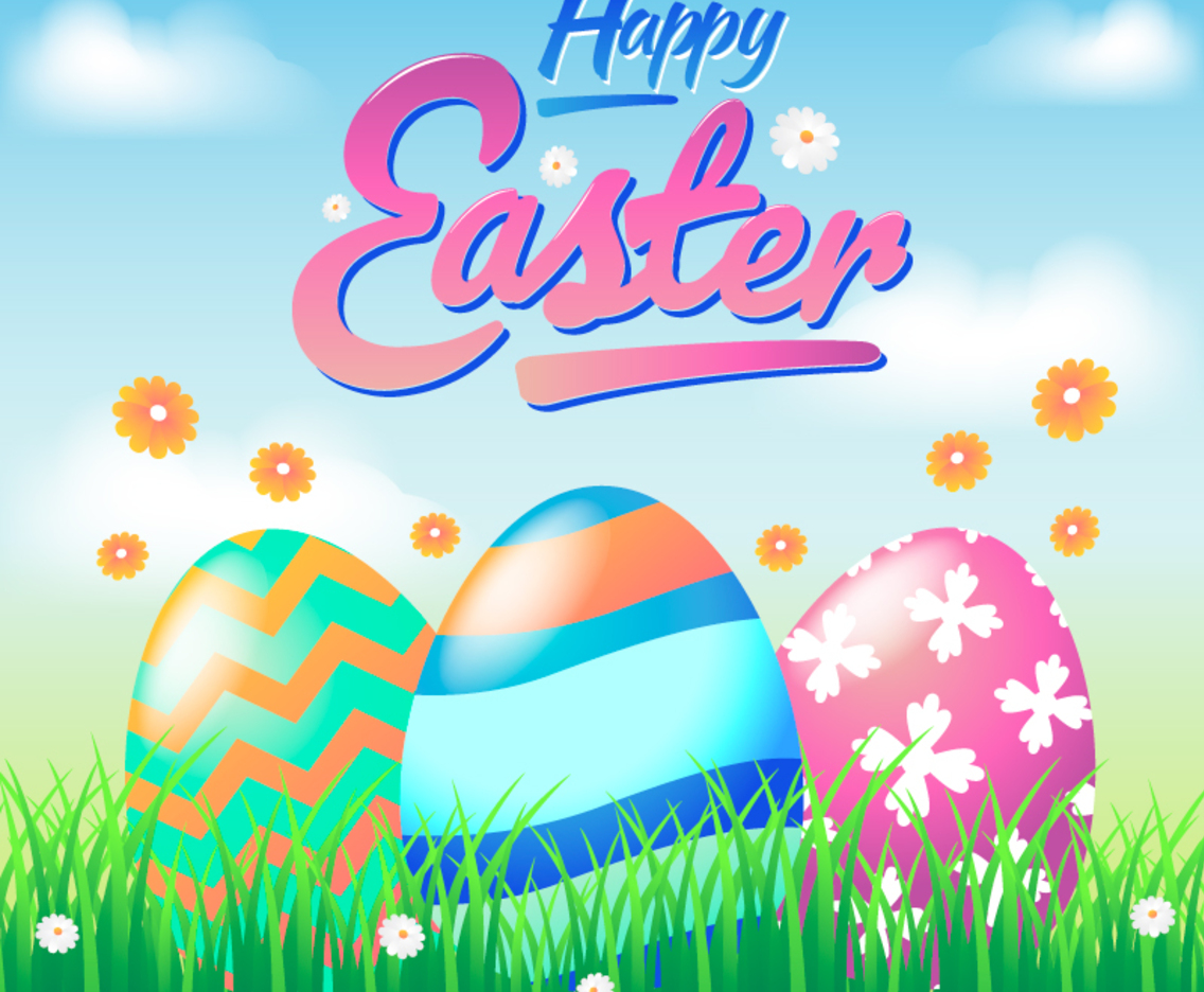 Painted Easter Egg on Grass in a Row