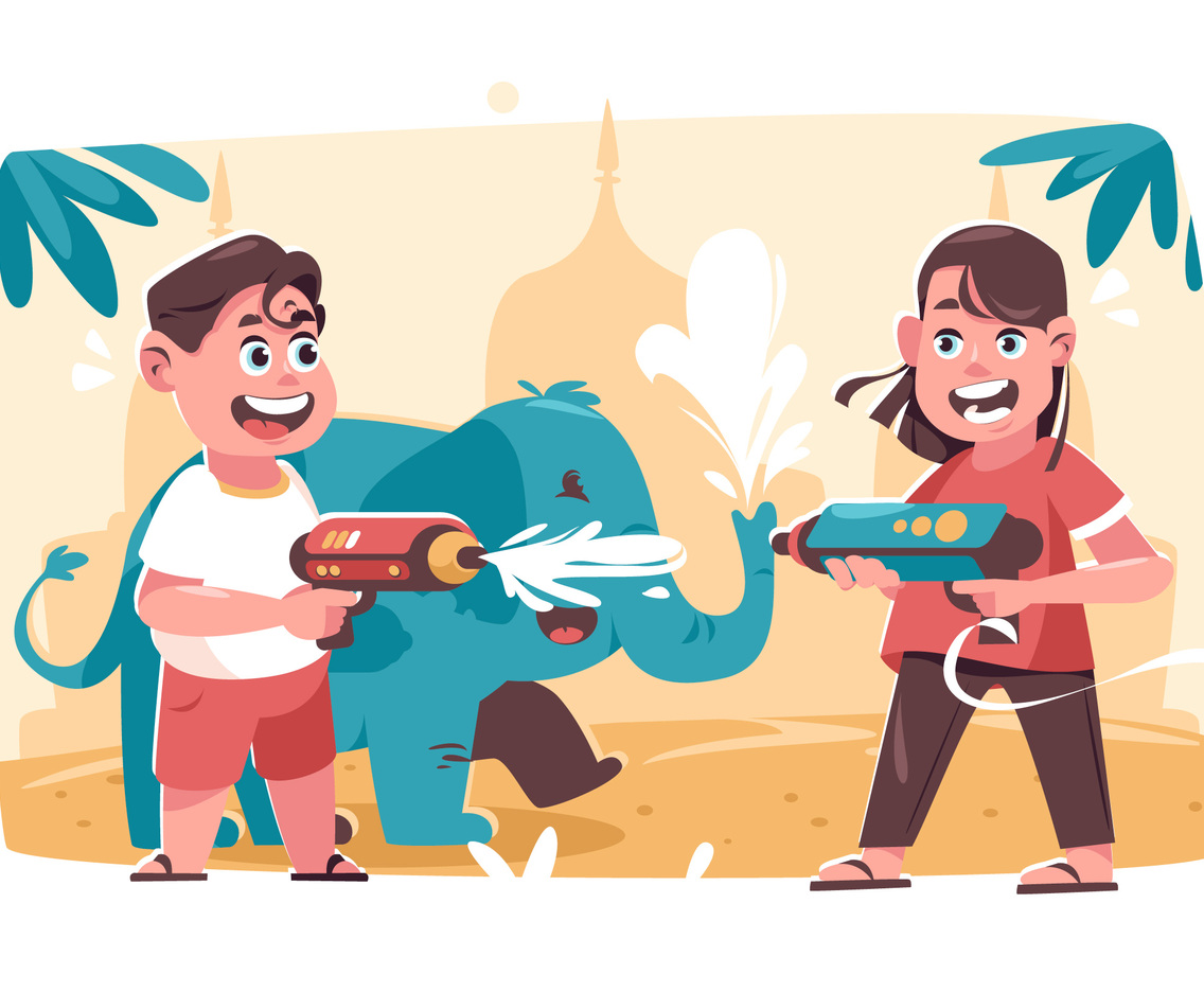 Tow Happy Kids Celebrating Thailand Songkran Festival
