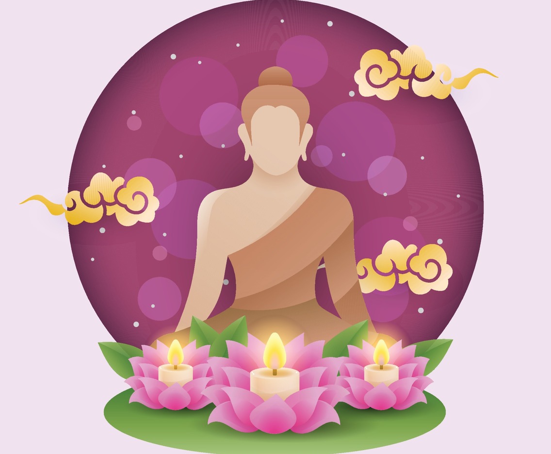 Vesak Background With Buddha Statue And Lotus