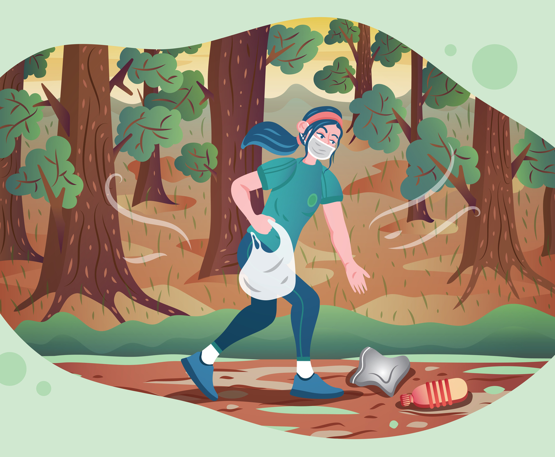A Girl Picking Up Trash in The Forest
