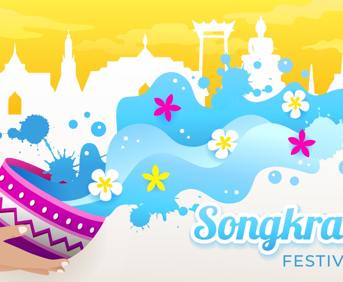 Songkran Festival with Thailand Landmark Silhouette Background