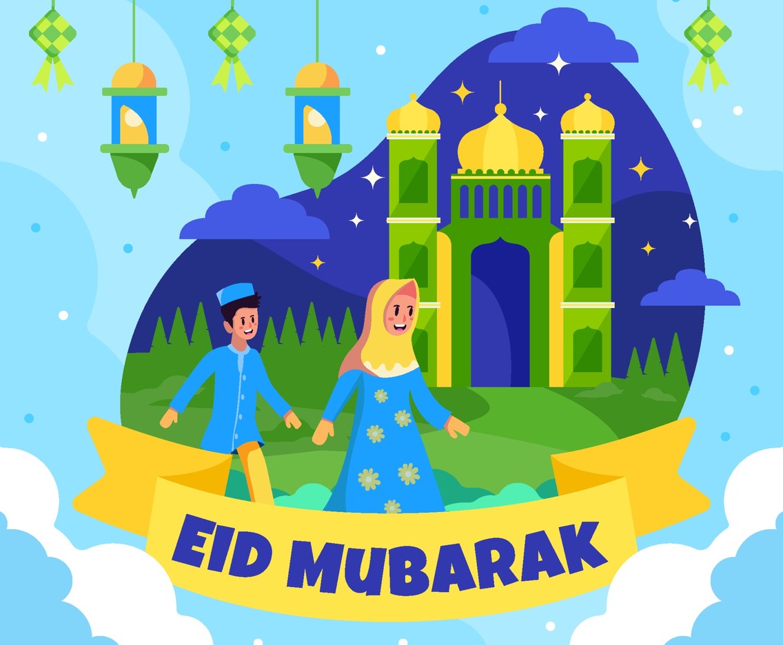 Boy and Girl Walking to Mosque Celebrate Eid