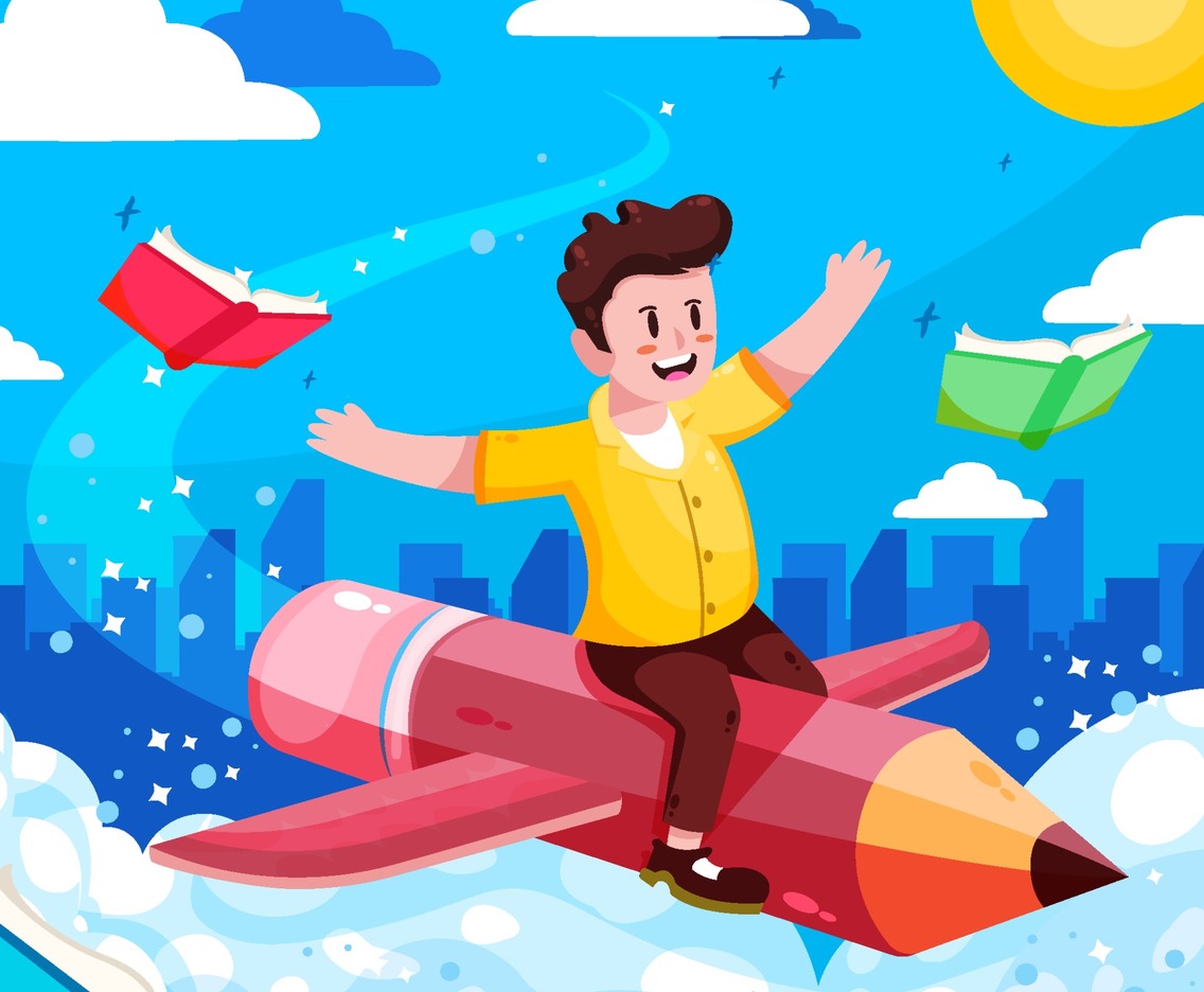 Boy Ride Pencil Fly on The Clouds Concept