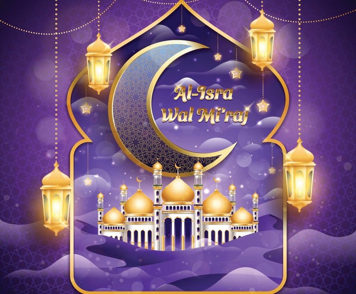 Isra Miraj With Moon, Mosque, and Desert