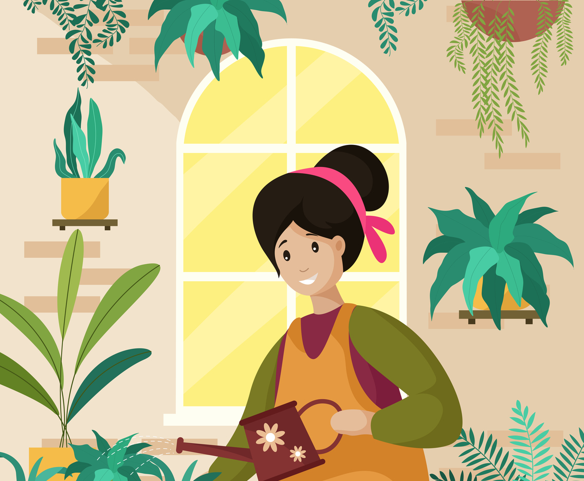 Women are Busy Watering Plants at Home