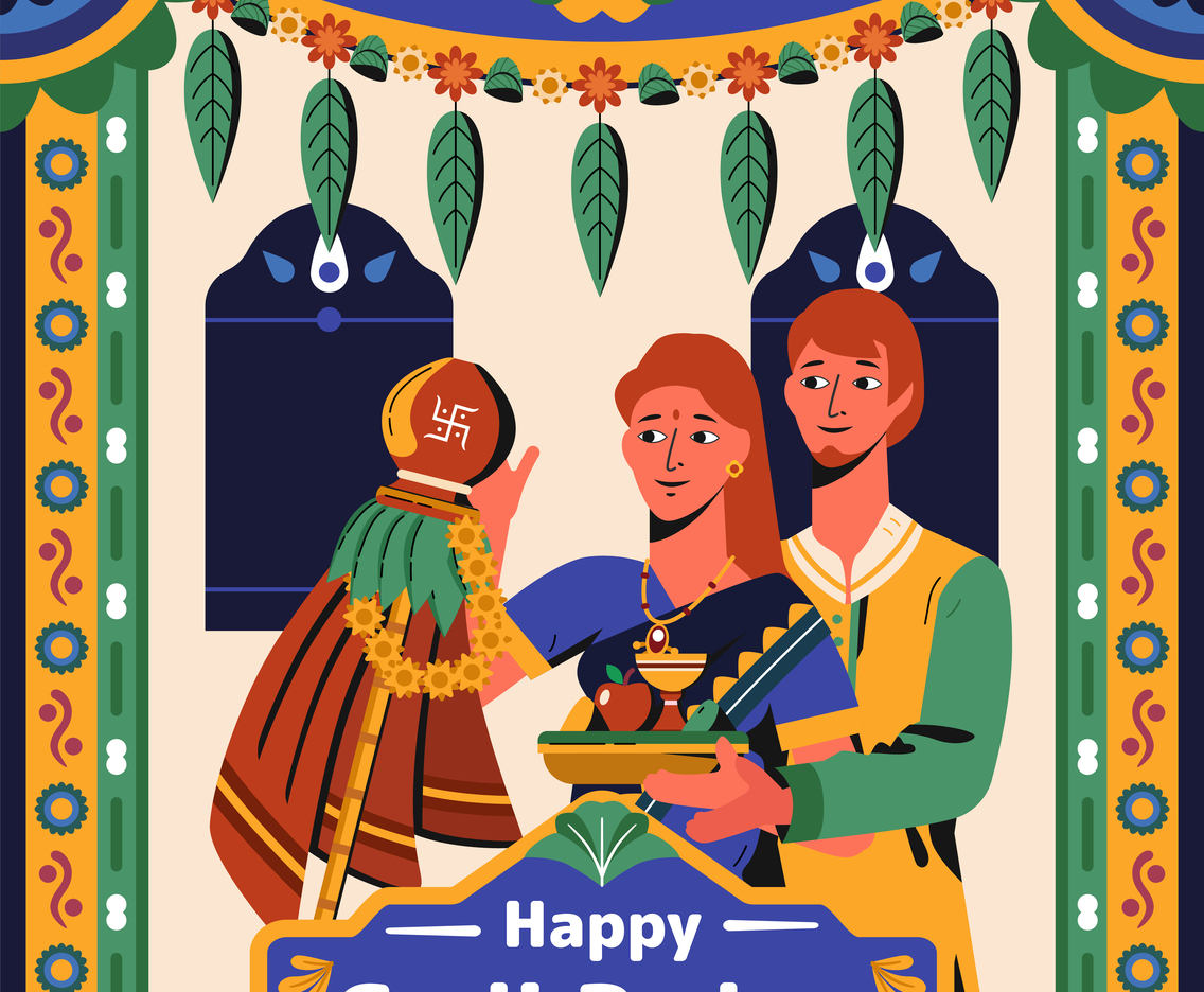 Happy Gudi Padwa Couple with Indian Ornament