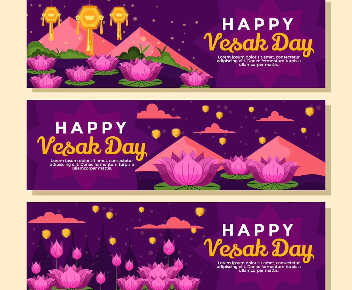 Rows of Lotus Flowers and Lanterns During Vesak