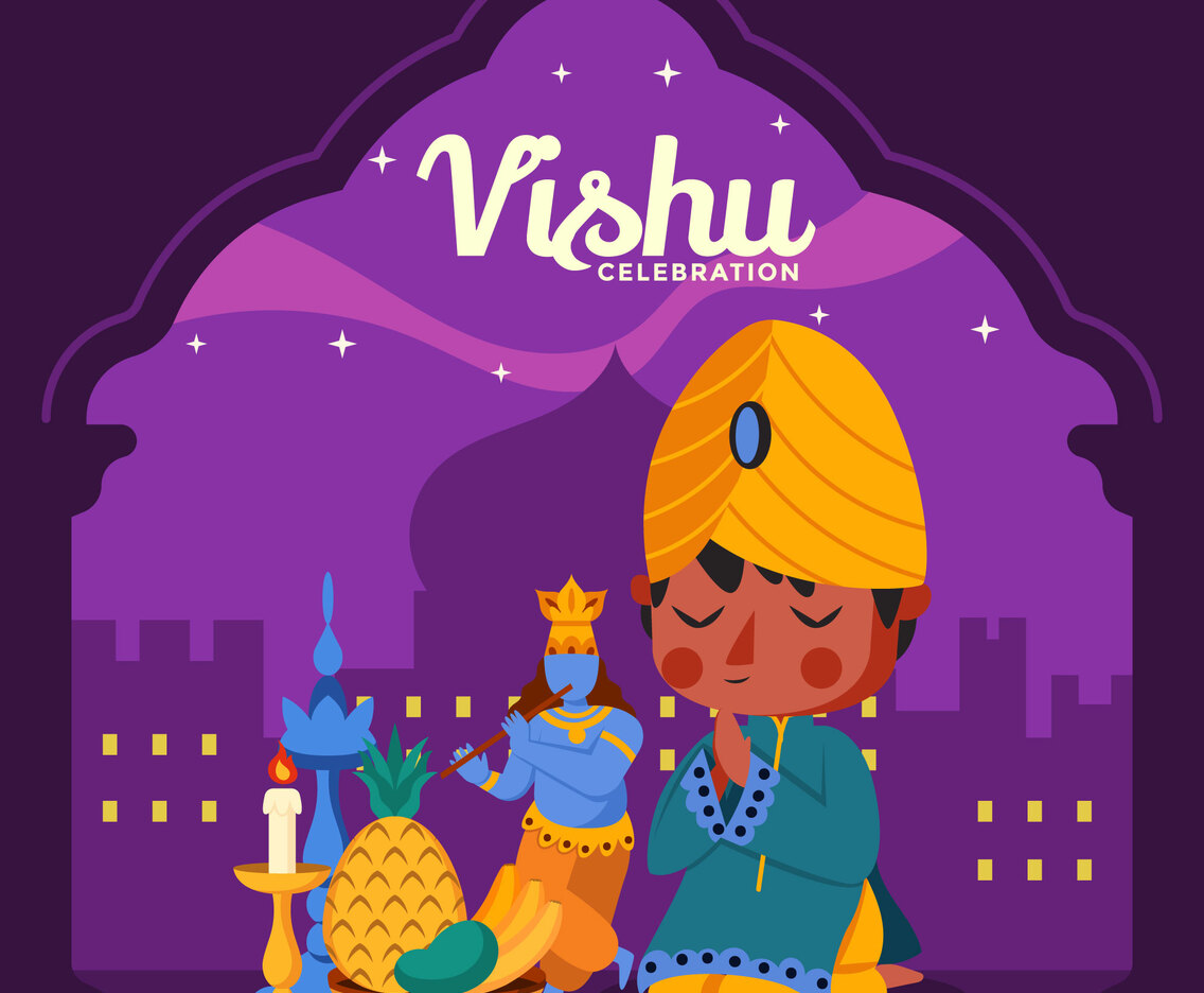 Vishu with Boy Praying in Temple Background