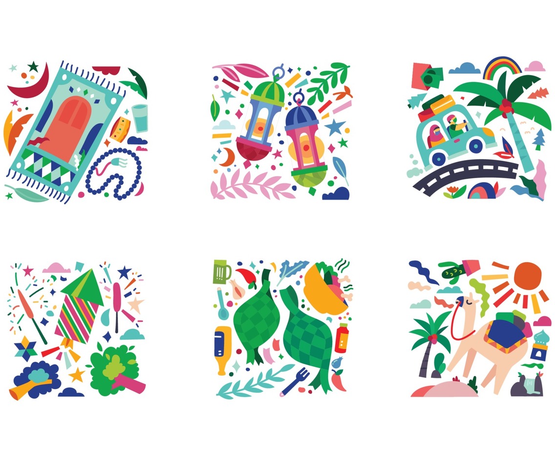 Ramadan Mubarak 1442 Hijriah Islamic Eid Celebration Icon Set Vector Colorful Illustration