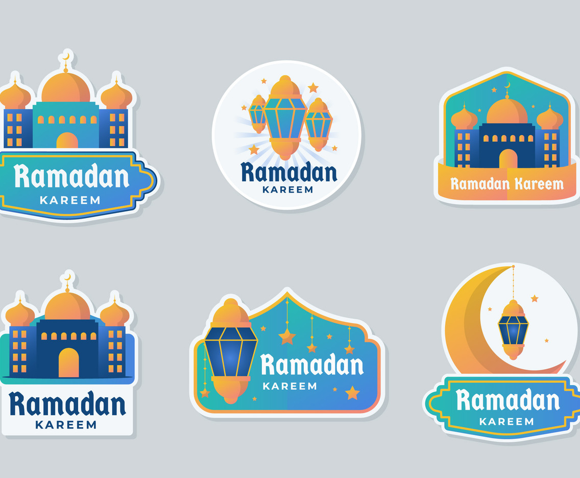 Collection of Ramadan badges with a yellow and blue color combination