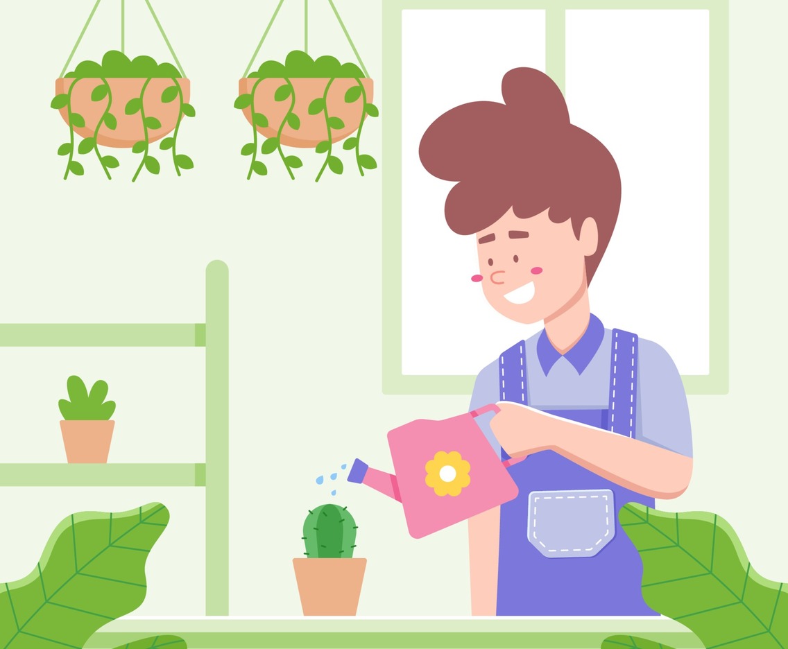 Man Watering Plant at Home Design