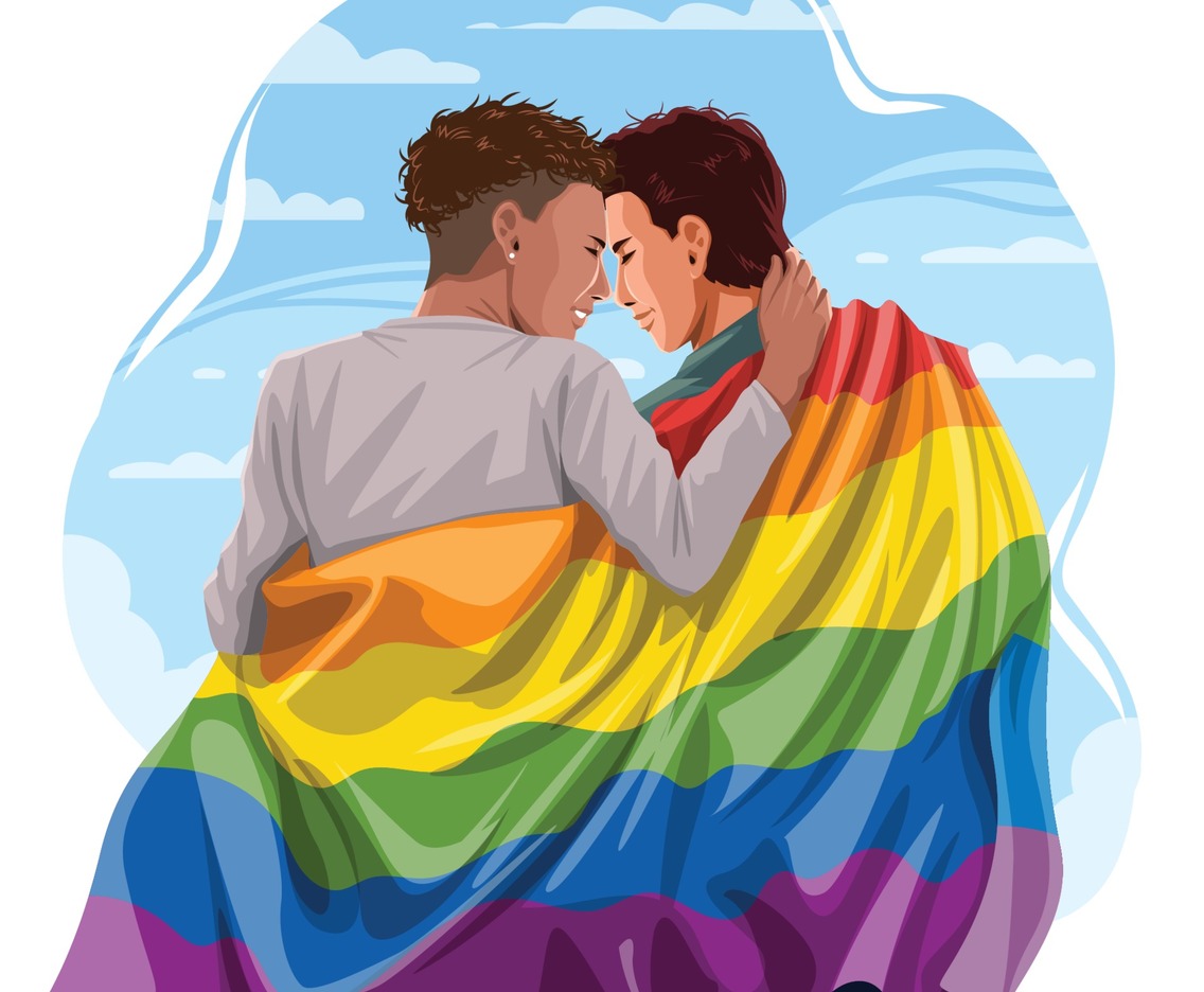 Homosexual Couple Hugging with Pride LGBTQ Flag