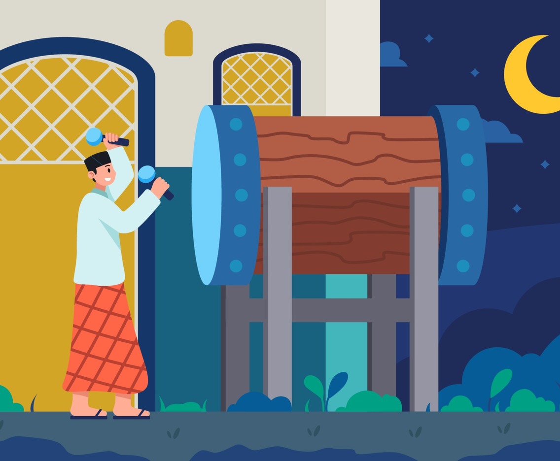 Muslim Hitting Bedug on Night of Ramadan