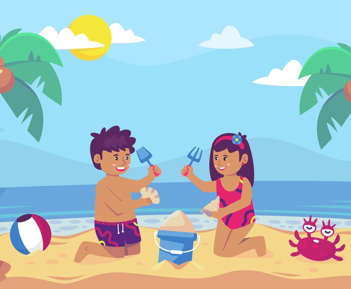 Cartoon of couple playing sand at beach background
