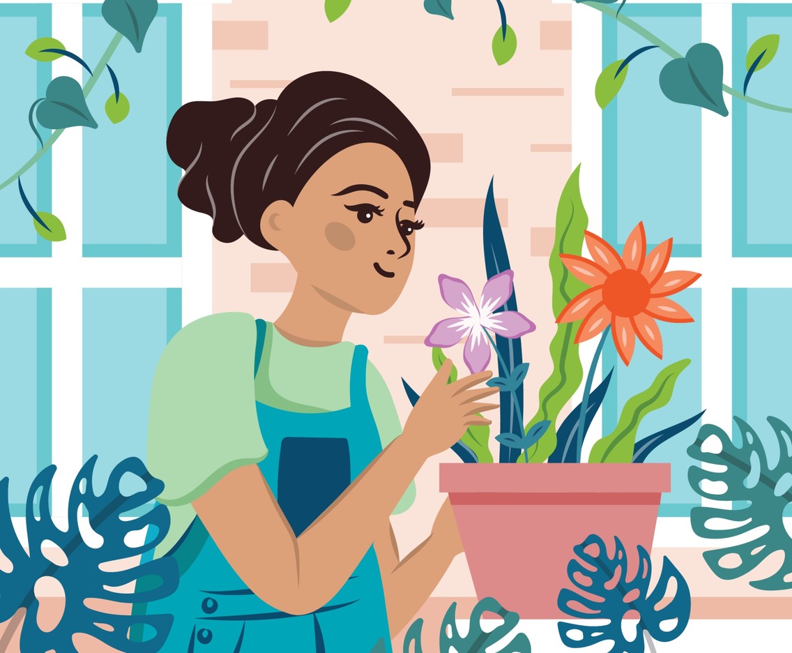 Gardening at Home With Woman and Plants Template