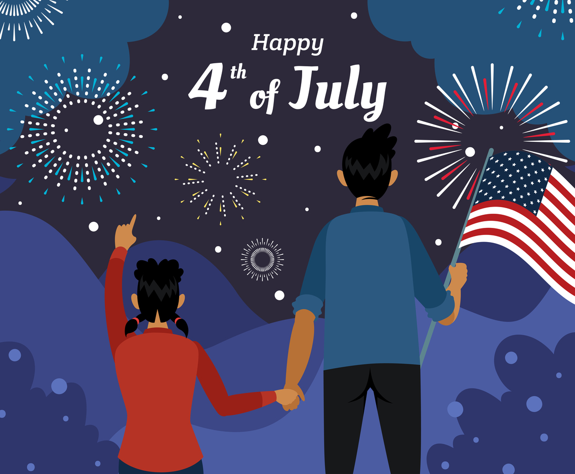 Father and Daughter Looking at the Fireworks at Night on Fourth of July