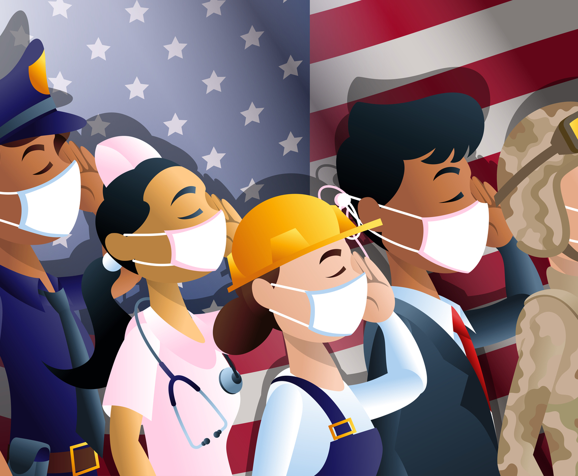 Fourth of July American People with Masks and Flag
